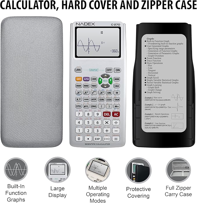 Scientific Calculator with Graphing, Includes Carrying Case, for College and High School Students, Calculus, Algebra, Geometry, Trigonometry, Statistics, Physics, Chemistry, Silver