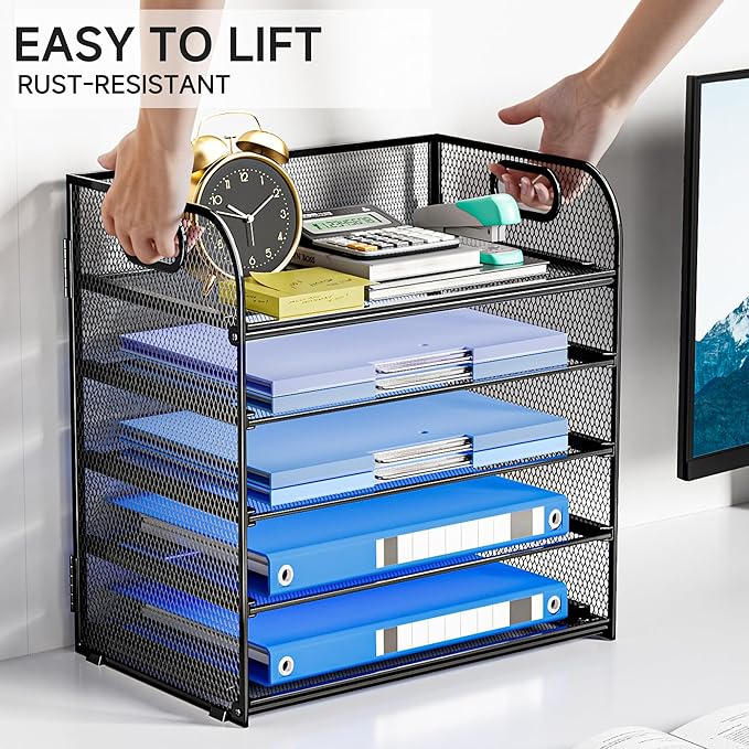 Paper Organizer for Desk Accessories & workspace 5 Tier Organizers Organizer with Handle Letter Tray Mesh Paper Sorter Desk Organizer for Office Home Supplies-Black