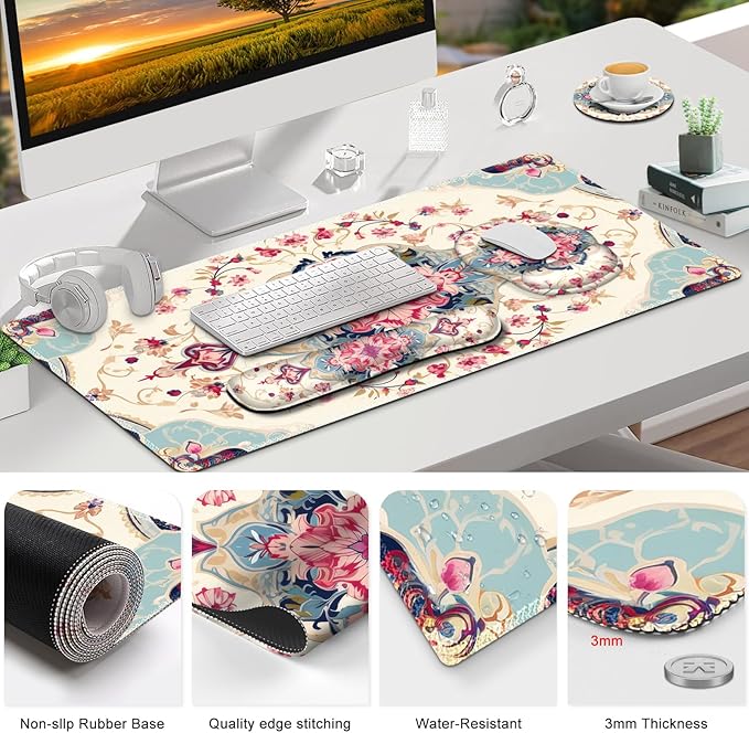 Gaming Mouse Pad, Large Desk Mat, Cute Desk Pad Protector, 4in1 XXL Mousepad + Keyboard Wrist Rest+Mouse Wrist Rest+Coaster Set with Ergonomic Desk Pad for Home Office Computer, Retro Style Pattern