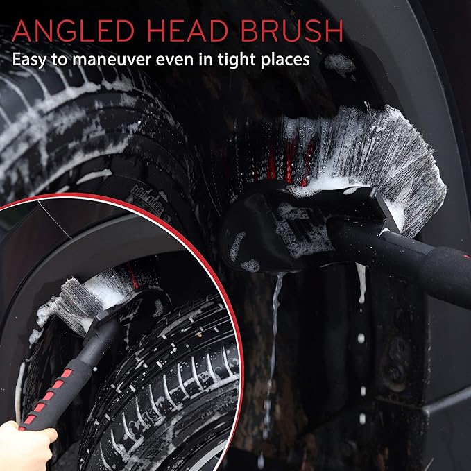 TAKAVU 17.5" Wheel Tire Body Brush Soft Bristle - Gentle Car Wash Brush Long Handle for Safe Tire Sidewall & Wheel Cleaning - Scratch - Free Automotive Tool
