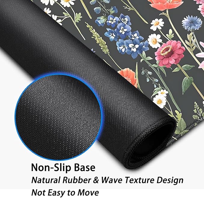 Black Background Watercolor Flowers Desk Pad Mouse Pad,Large Floral Mouse Mat with Stitched Edges,Non-Slip Rubber Base Mousepad for Office PC Keyboard Laptop and Home Work Desk Mat(27.5X11.8 in)
