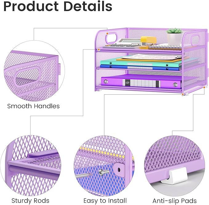 3 Tier Paper Organizer with Handle, Metal Desk Organizer Mesh Paper Letter Tray Desktop File Folder Document Sorter for Classroom, School, Office Accessories Organization and Storage - Purple
