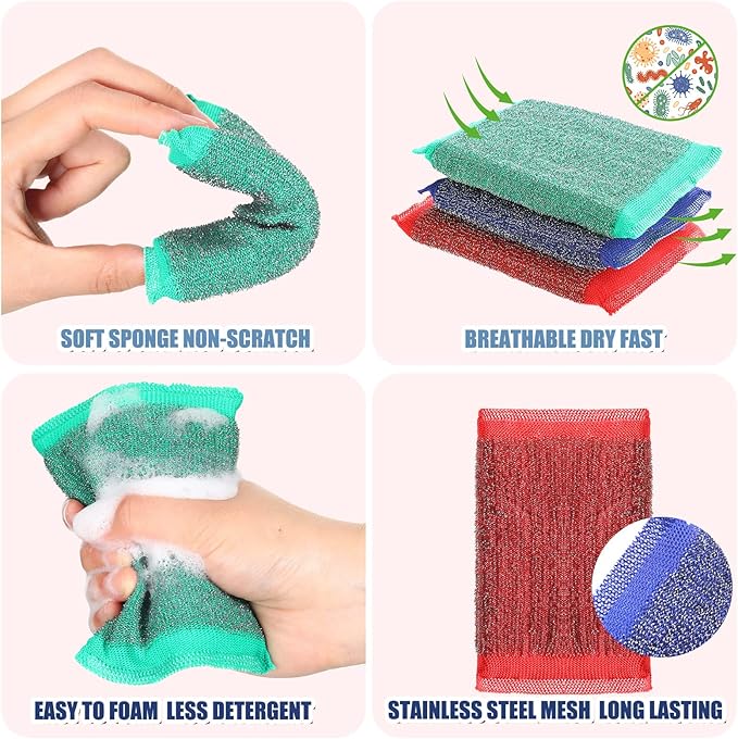 Roshtia 16 Pack Steel Dish Sponge Scrub Sponge for Kitchen Multipurpose Dish Scrubber Household Cleaning Non Scratch Foam Rubber for Cleaning Dishes, Pans, Pots and Hard Stains, Color Random
