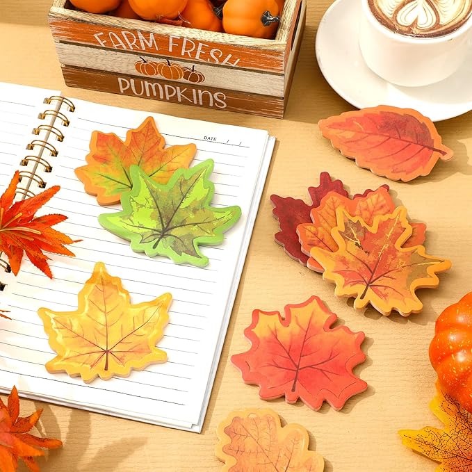 30 Pack 1200 Sheets Fall Maple Leaves Sticky Notes Colorful Autumn Leaves Self-Adhesive Notepads Thanksgiving Memo Pad Message Reminder for Office Home School Supplies