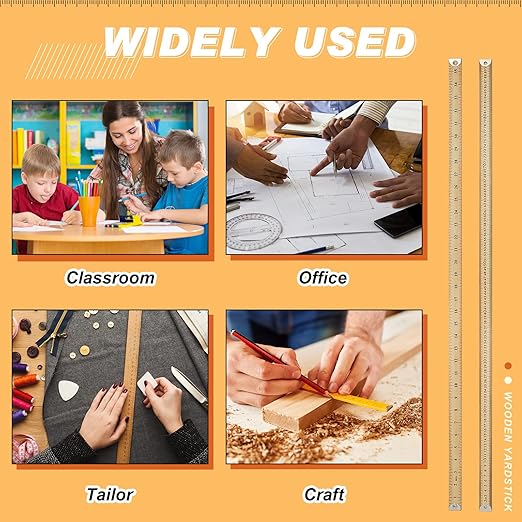 Hoteam 5 Pcs Heavy Duty Wooden Yardstick 36 Inches Natural Wood Yard Stick Ruler with Hang Hole Metal Tips 1/4-inch-thick Yardstick Ruler Metal Ends Meter Stick Clothing Measuring Home Office