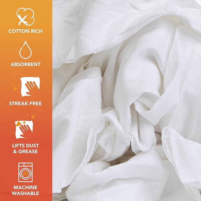 Arkwright W43 Cotton Tshirt Rags - 10 lb Box - Soft Lint Free Cloths for Cleaning, Streak & Scratch-Free, Professional Grade Wiping Towels for Polishing, Painting, and Staining, White
