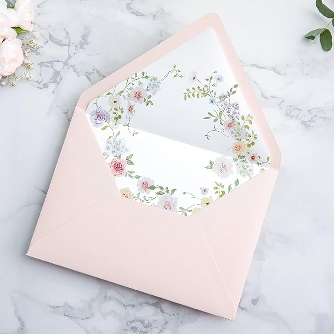 PONATIA 50PCS A7 Euro Flap Envelopes, 5.25 x 7.25'' Blush Pink Flowers Liner Envelopes for 5x7 Wedding Invitations, Photos, Postcards, Greeting Cards, Christmas Gift Cards, Acrylic Mailing