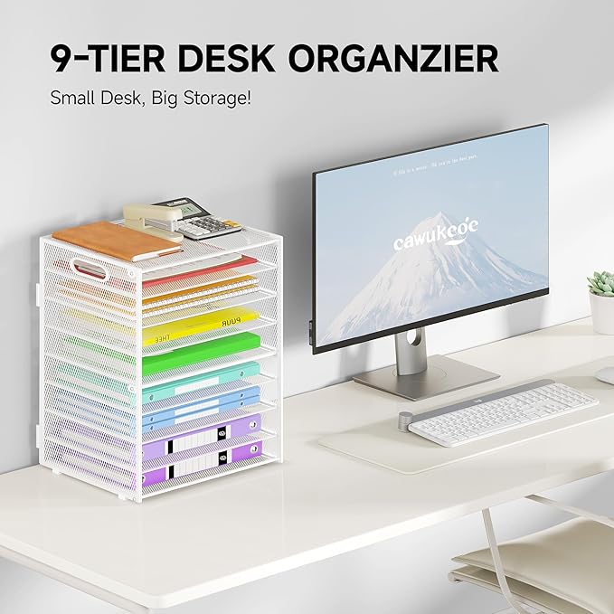 9 Tier Paper Organizer with Handle, Large Capacity Desk Organizer Mesh File Folder Letter Paper Tray Desktop Document Sorter for Classroom, School, and Office Accessories Organization- White