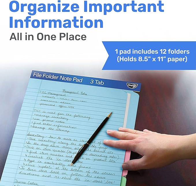 Find It File Folder Notepad - Pack of 36-9.5 x 12.5 Inch Notebook Organizer Folders for Filing, Document, and Clipboard Organization - Assorted Colors