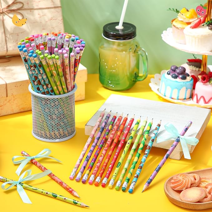Kosiz 400 Pcs Christmas Pencils Bulk for Kids Colorful Pencils Pre Sharpened Wooden Pencil with Eraser 10 Fruit Style Pen Christmas Child Items Bulk Novelty School Student Reward Xmas Party Favors