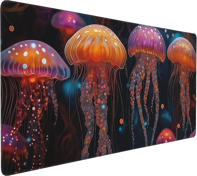 Large Fantasy Forest Jellyfish Gaming Mouse Pad - Blacklight Fairytale Waterproof Desk Mat, 35.4 X 15.8 Inch Extended Non-Slip Rubber Base for Office & Home