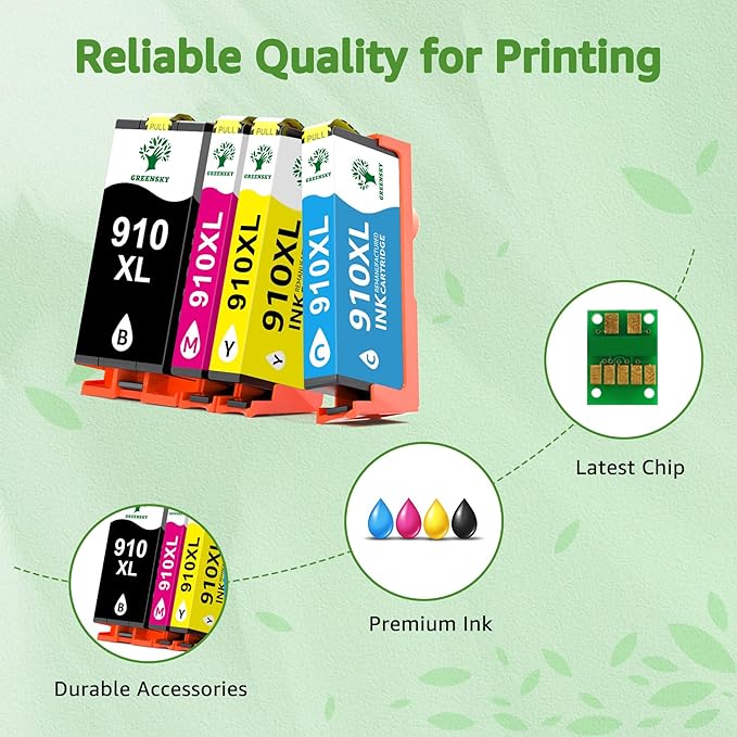 GREENSKY Remanufactured 910XL Ink Cartridges Replacement for HP 910xl Ink Cartridges Combo Pack with HP OfficeJet Pro 8025e 8015e 8028e 8035e 8025 8035 8020 Printer (Black, Cyan, Magenta, Yellow)