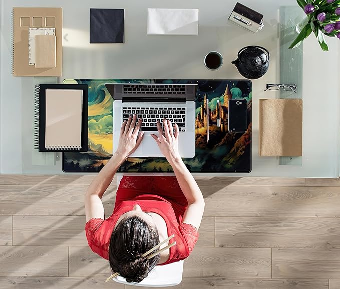 Cool Aesthetic Castle Mouse Pad Desk Pad Cute Cloudy and Starry Desk Mat, Office Desk Decor Anime Mousepad Laptop Keyboard and Mouse Mat, XXL Large Extended Gaming Deskmat for Girl 31.5x15.75 in