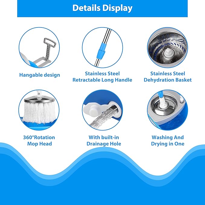 Mop and Bucket with Wringer Set for Home，360° Spin Mop and Bucket on Wheels and 3 Microfiber Mop Refills, Stainless Steel 61" Extended Handle Spinning Mop Bucket System for Floor Cleaning