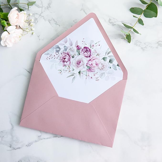 PONATIA 50PCS A7 Euro Flap Envelopes, 5.25 x 7.25'' Liner Envelope For 5x7'' Weddings Invitation Cards, Christmas Gift Cards, Acrylic Invitations, Photos (Dusty Rose)