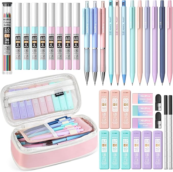 Nicpro 38PCS Aesthetic School Supplies, Pastel Mechanical Pencil Set 0.5, 0.7, 0.9 & 2.0 mm with 564PCS Lead Refills, Cute Mechanical Pencils for Girls Student Stationary Drawing Drafting - Pink Case
