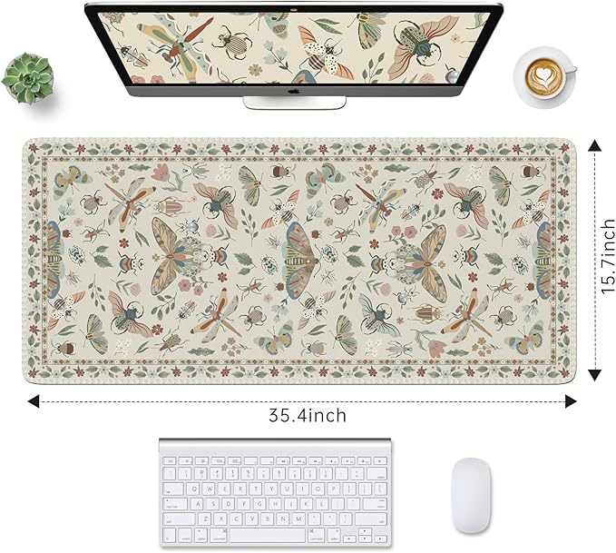 HAOCOO Desk Matt for Desktop,Cute Mouse Pad, Floral Desk Pad, Large Mouse Pad with Non-Slip Base, Waterproof Computer Mouse Mat for Gaming, Keyboard Mat Sets for Women Office Decor(Beige)