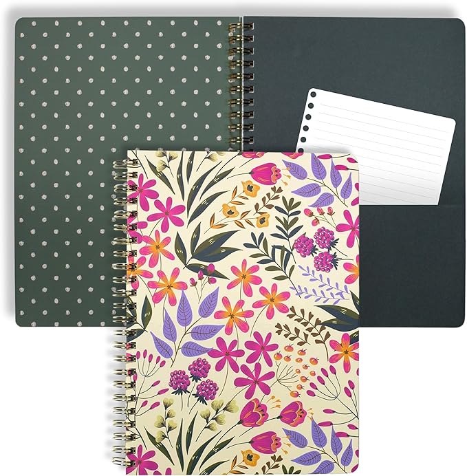 Steel Mill & Co Cute Pink/Purple Floral Mini Spiral Notebook, 8.25" x 6.25" Journal with Durable Hardcover and 160 Lined Pages, Wildflowers
