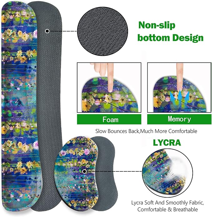 ARTSO Large Gaming Mouse Pad Set, Keyboard Wrist Rest Support + Mouse Wrist Cushion + Extended Mousepad + Coaster, 35x15.5in Multifunctional Desk Mat 4pcs, Oil Painting Flowers