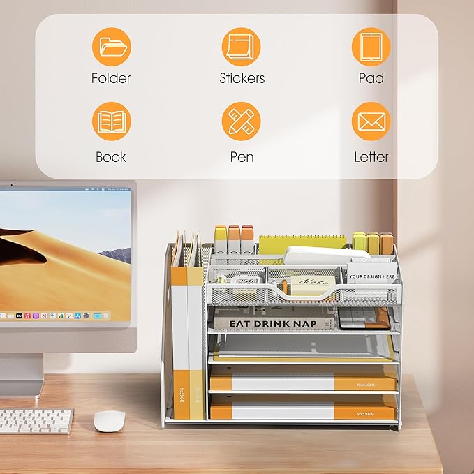 5 Tier Paper Letter Tray with File Holder and 3 Drop-in Pen Holders, Mesh Desk File Organizer with Handle, Desk Organizers and Accessories for School,Home, Office Supplies Storage-White