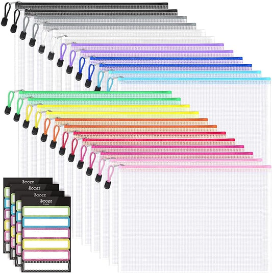 Sooez 24 Pack Mesh Zipper Pouch with Sticky Labels, A4 Mesh Bags for Board Game Puzzles Organization Storage, Durable Letter Size File Folders Organizer for Teacher School Classroom Office Supplies