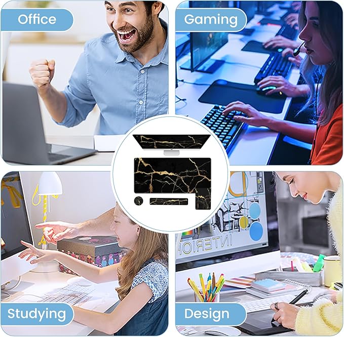 iCasso Mouse Pad with Wrist Rest,Large Desk Mat Set,Ergonomic Keyboard Pad with Wrist Support,Non-Slip Mouse Mat for Women,Cute Floral Computer Mat for Home Office Gaming (Black Gold)