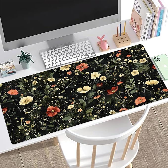 Desk Pad, Colorful Wildflowers Floral XL Gaming Mouse Pad with Stitched Edges,Non-Slip Waterproof Rubber Base Large Desk Mat for Keyboard and Mouse 31.5"x11.8"