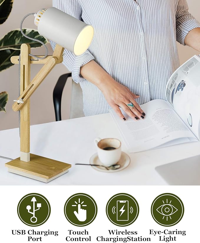 ELYONA Wireless Charging White Desk Lamp, Touch Control Rubber Wood Table Lamp with USB Charging Port, Swing Arm Reading Task Lights for Office, Dorm, Living Room Bedroom, Farmhouse, Bulb Included