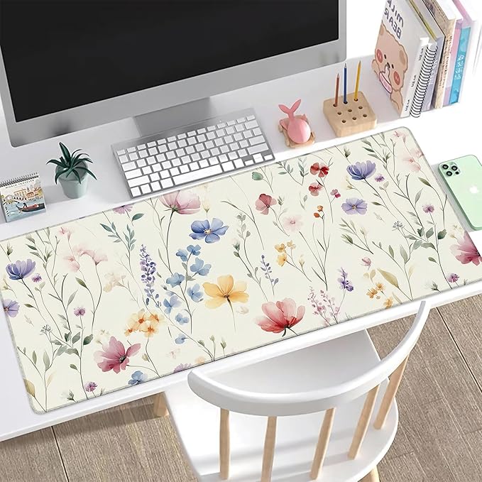 Desk Pad, Watercolor Floral Flowers Leaves XL Gaming Mouse Pad with Stitched Edges,Non-Slip Waterproof Rubber Base Large Desk Mat for Keyboard and Mouse 31.5"x11.8"