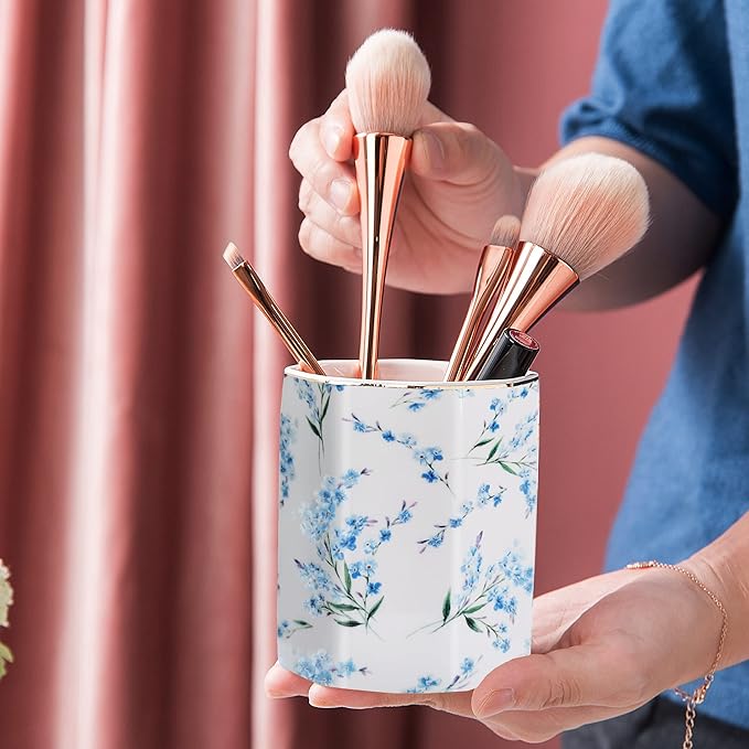 Pencil Holder for Desk Organizer,Ceramic Writing Utensil Storage Organizer Aesthetic Floral Pattern Pen Holder Pen Cup Makeup Brush Holder Creative Gift for Desktop Supplies,School Life Blue