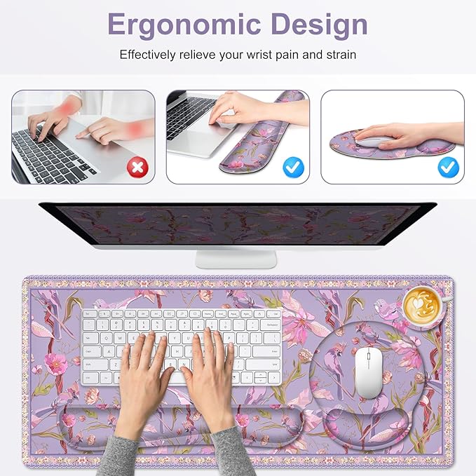 Flower Desk Mat, 4in1 Large Mouse Pad with Wrist Rest, Cute Desk Matt for Desktop, Desk Pad Mat, Anti-Slip XXL Computer Ergonomic Mousepad with Wrist Support for Keyboard and Mouse I Purple Bird