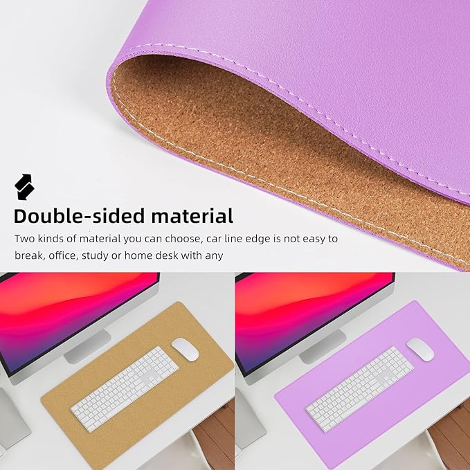Leather Desk pad Protector, Large Desk mat with Natural Cork & PU Leather,Mouse pad,Non-Slip Office Desk Mat,Waterproof Desk Writing Pad for Office and Home (35in*17in, Purple)