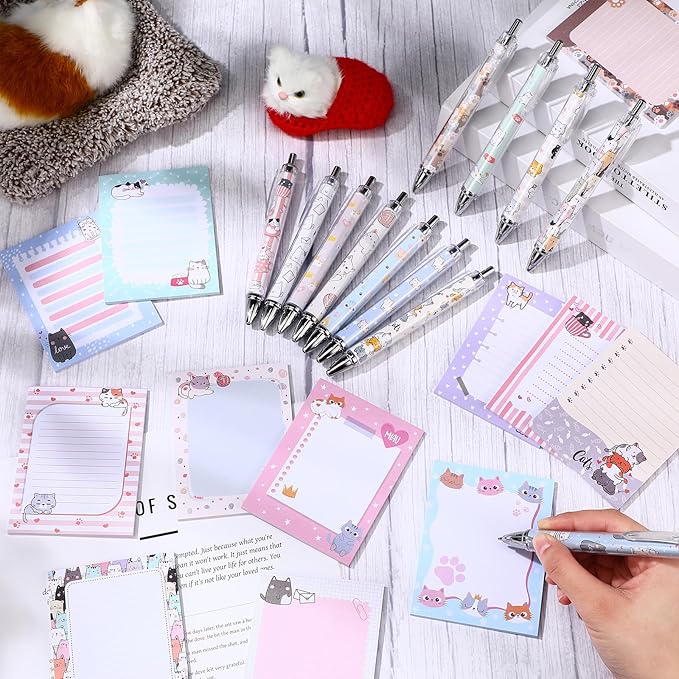 24 Pcs Cat Sticky Notes with Pens Cat Themed Gifts Party Favors Notepad Cute Memo Notes Pads Black Ink Ballpoint Pen for Women Animal Lover Christmas Gifts Office School Students Teacher Supplies