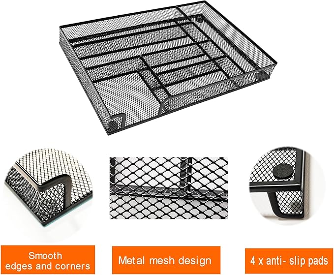 New Desk Drawer Organizer, Desk Organizer,Metal Mesh Office Drawer Organizer Tray, 6 Compartments for Office School Home,12.6 x 8.27 x 1.57 inch, Black (1pc pack)