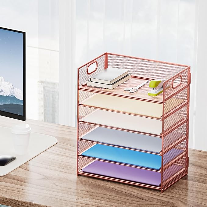 Marbrasse 2 Pack Desk Organizer with Handle, 6 Tier Paper Letter Tray, Mesh Desk File Organizer for Office, School and Home - Rose Gold