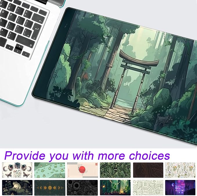 Japanese Green Forest Gaming Mouse Pad Anime Tree Woodland Desk Mat XL Large, Cute Aesthetics Women Office Desk Decor Laptop Computer Keyboard and Mouse Mat with Stitched Edges Matt 31.5''x11.8''