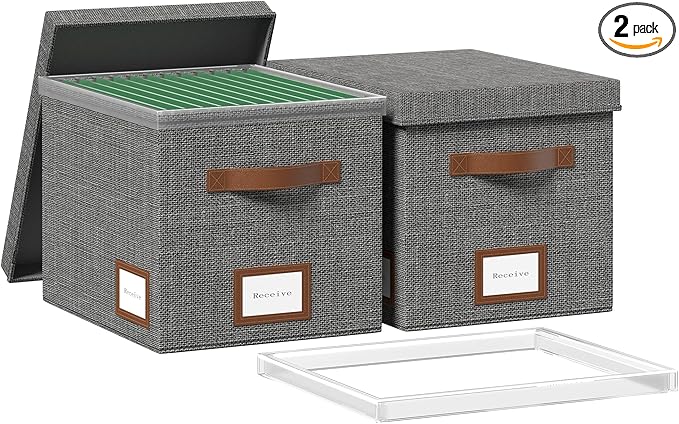 File Box for Hanging, File Organizer Box with Lid Decorative File Folders Letter Size Organizer with One-Piece Integrated Plastic Slide Rail (Grey, 13.2x10.1x10.1inch(2pack))