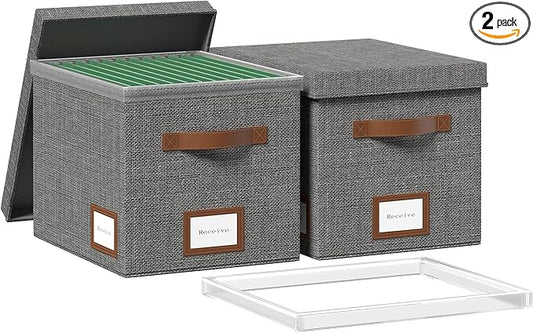 File Box for Hanging, File Organizer Box with Lid Decorative File Folders Letter Size Organizer with One-Piece Integrated Plastic Slide Rail (Grey, 13.2x10.1x10.1inch(2pack))