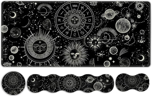 Gaming Mouse Pad Keyboard Wrist Support, 4 in1 Mousepad Set with Wrist Keyboard Rest, Computer Desk Mat, Non-Slip Desk Pad Protector with Memory Foam Easy Typing Pain Relief I Moon Sun Cosmic