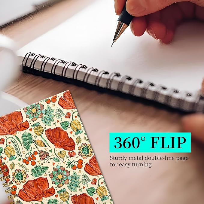 Spiral Notebook Journal for Women Men, A5 Hardcover Journal, 120 Pages Thick Paper, College Ruled Writing Notebook for School, Work & Office 8.3'' × 5.9''(Red Flower Leaf)