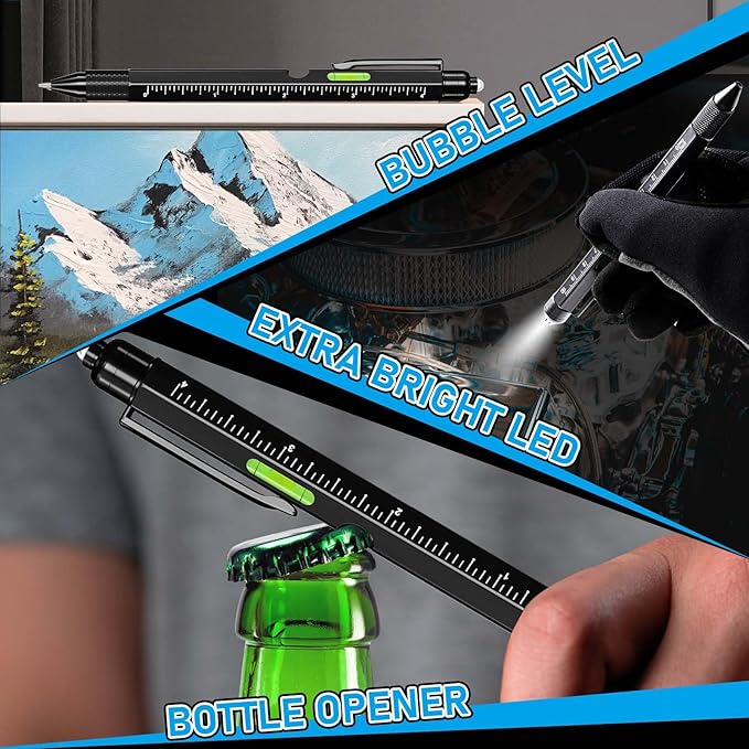 Christmas Stocking Stuffers for Men Adults, 2 Pack Multi-Tool Pen Set, 11 in 1 Multitool Pen with LED Light, Ruler, Level, Screwdriver, Stylus, Flathead, Gifts for Men Boyfriend, Husband, Him, Black