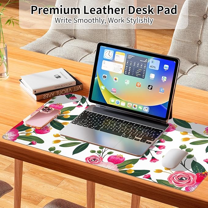 Bloss Pink Floral Desks Mat,31.5x15.7In Large Mouse Pad Cute,Anti-Slip Leather Computer Desk Pad for Keyboard and Mouse,Pink Computer Keyboard Pad Mat,Laptop Desks Protector Mat for Office/Home/Women