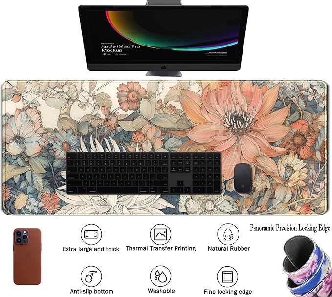 Japanese Minimalist Floral Desk Mat Aesthetic Flowers XL Large Extended Gaming Mouse Pad with Stitched Edges, Big Laptop Computer Keyboard and Mouse Mat for Girl Women Office Decor 31.5x11.8 in