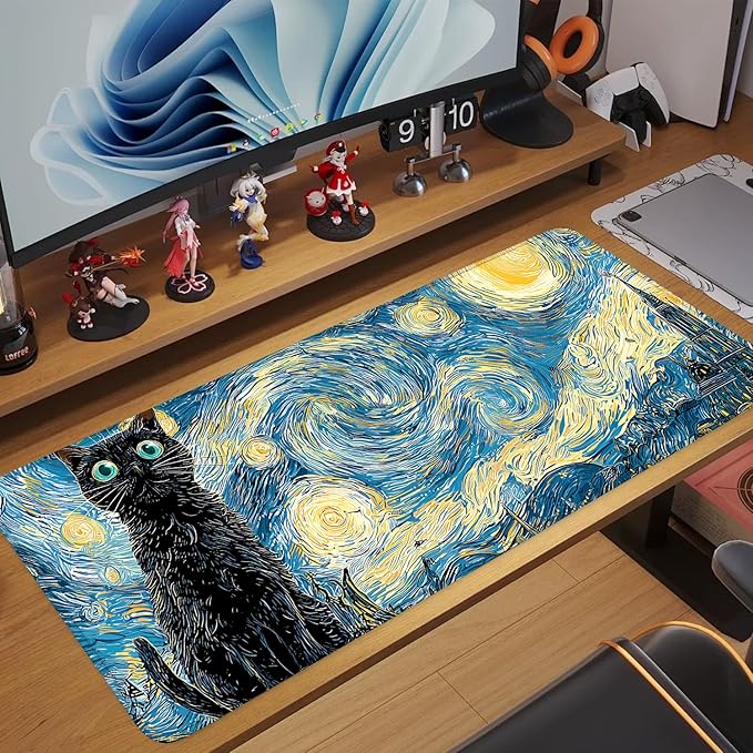 Vincent Van Gogh Starry Night Black Cat Mouse Pad – Large 31.5" x 11.8" Extended Desk Mat with Artistic Swirling Starry Sky Design, Non-Slip Rubber Base, Smooth Surface for Gaming & Office