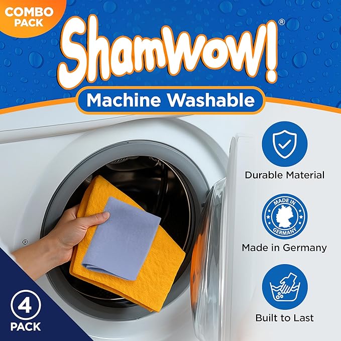 ShamWow Original Super Absorbent Multi-Purpose Cleaning Shammy Chamois Towel Cloth - Holds 10X its Weight in Liquid - Machine Washable - Will Not Scratch (4 Pack: 2 Large Orange & 2 Small Blue).