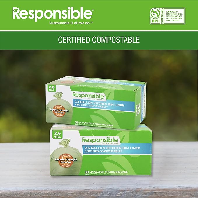 Responsible Products Kitchen Bin Liners, Certified Compostable, Heavy Duty Multipurpose Food Scrap Bags, Made from Compostable Materials (2.6 Gallon Flat Top, 2.6 Gallon (30 Count))