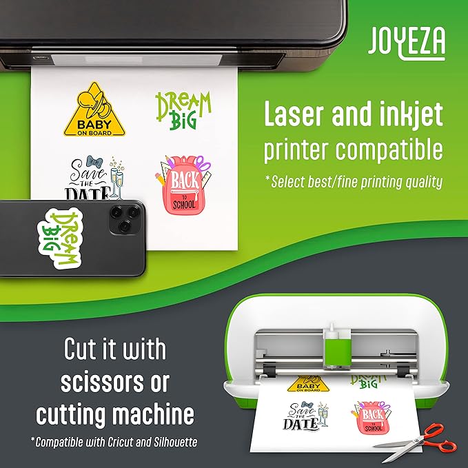 JOYEZA Premium Printable Vinyl Sticker Paper for Inkjet Printer - 25 Sheets Matte White Waterproof, Dries Quickly Vivid Colors, Holds Ink well- Tear Resistant - Inkjet & Laser Printer