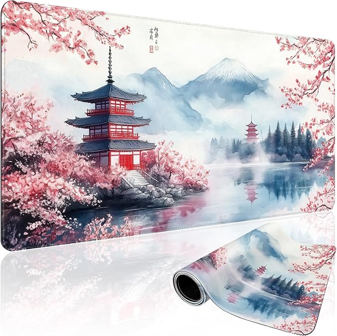 Japanese Cherry Blossom Large Gaming Mouse Pad 31.5"x15.7"｜ Mount Fuji Art XXL Desk Mat, Non-Slip Rubber Base & Stitched Edges - Extended Waterproo Mousepad for PC/Laptop/Office/Home Decor
