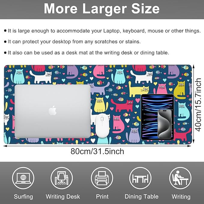 Mouse Pad, Large Cartoon Cats and Fish Desk Mat, Extended Non-Slip Gaming Keyboard Mousepad Desk Pad, Thick Stitched Edges Waterproof Mouse Mat 31.5"x15.7" (Funny Doodle Kittens)