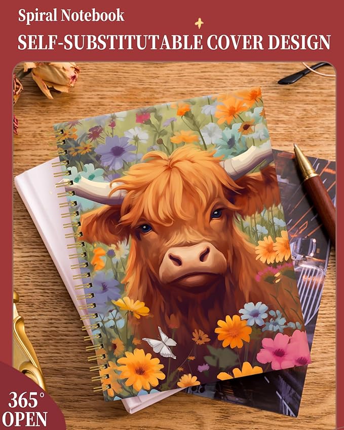 Spiral Journal Notebook for Women,A5 College Ruled Notebooks 6"x 8.4", 120 Pages Lined Journal with Premium Thick Paper,Perfect for School Office Home Gifts(floral cow)